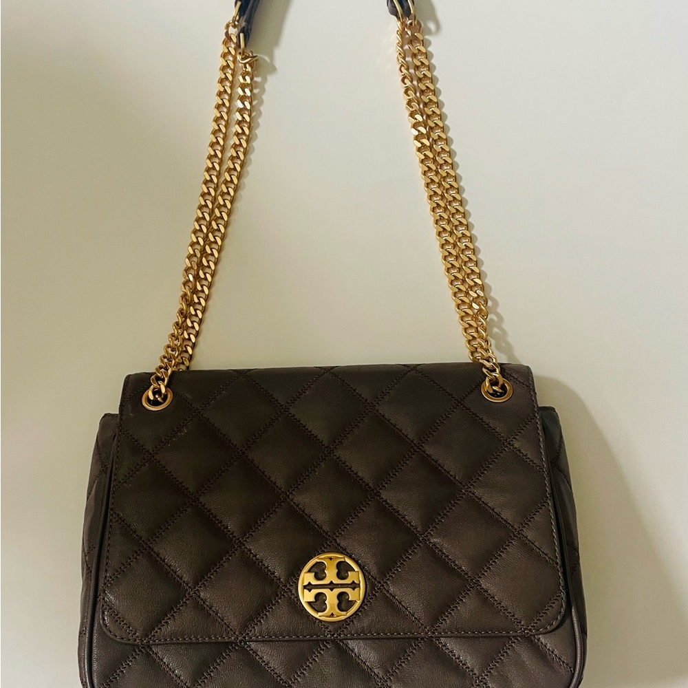 Quilted Brown Shoulder Bag with Gold Chain